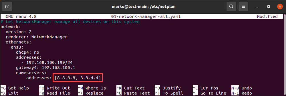 Terminal screenshot showing how to edit resolv.conf to set DNS nameservers on Ubuntu